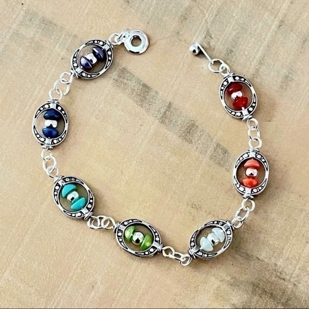 Chakra Bracelet Colorful Handmade Glass & Mixed Metal Boho Colorful Chunky - Picture 3 of 3